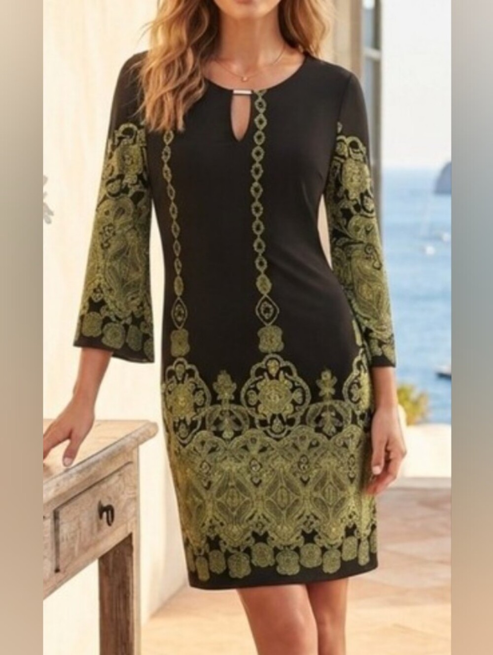 Enfocus Studio Black Dress with Olive Paisley Border